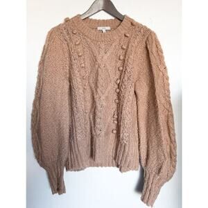 Joia Cable Knit Sweater Ball Pom Pom Small Sweater Tan Camel Balloon Sleeves